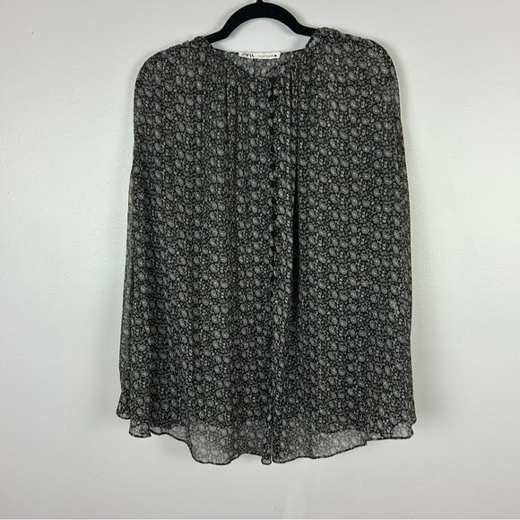 Zara Sheer Metallic Black Buttoned Long Sleeve Blouse Size XL - Picture 2 of 9